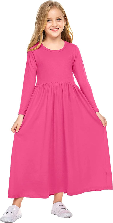 Arshiner Girls Long Sleeve Solid Loose Casual Maxi Dress