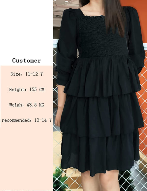Arshiner Girls Long-Sleeve Tiered Dresses Square Neck Lantern Smocked Ruffle Layered Tie Back Dress