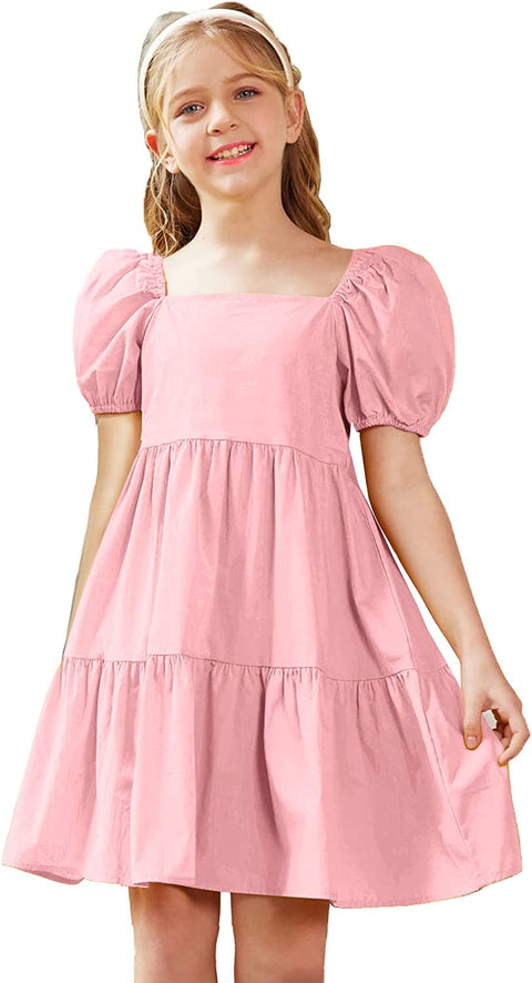 Arshiner Girls Dress Short Puff Sleeve Loose Tiered Ruffle Casual Dresses Square Neck