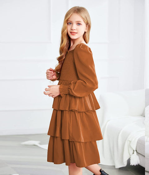 Arshiner Girls Long-Sleeve Tiered Dresses Square Neck Lantern Smocked Ruffle Layered Tie Back Dress