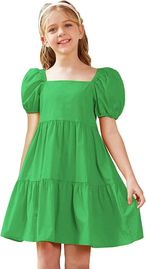 Arshiner Girls Dress Short Puff Sleeve Loose Tiered Ruffle Casual Dresses Square Neck