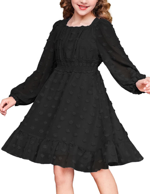 Arshiner Girls Dresses Long Sleeve Square Neck Swiss Dot Casual Flowy Dress