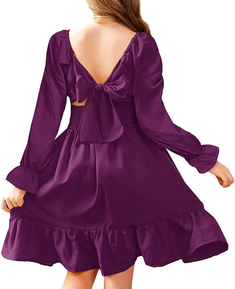 Arshiner Girls Tie Back Short Sleeve Ruffle Hem Off Shoulder Dresses