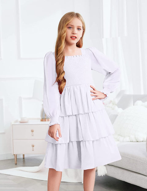 Arshiner Girls Long-Sleeve Tiered Dresses Square Neck Lantern Smocked Ruffle Layered Tie Back Dress