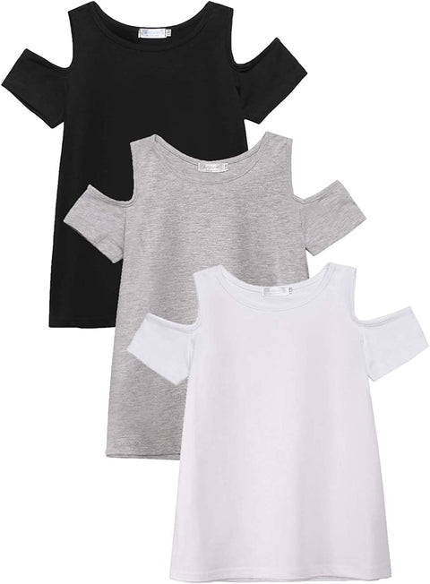 Arshiner 3 Pack Girls Crew Neck Tee Casual Soft Short-Sleeve T-Shirt Tops with Cold Shoulder