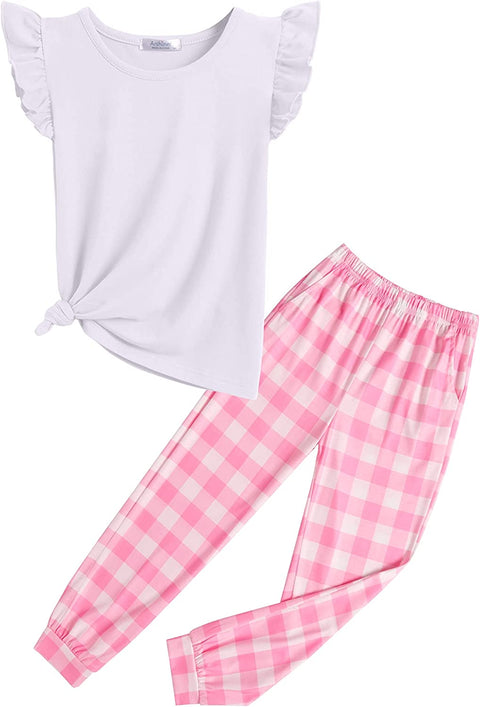 Arshiner Girls 2 Piece Outfits Sleeveless Ruffle Trim Tank Top and High Waist Soft Pants Set with Pockets