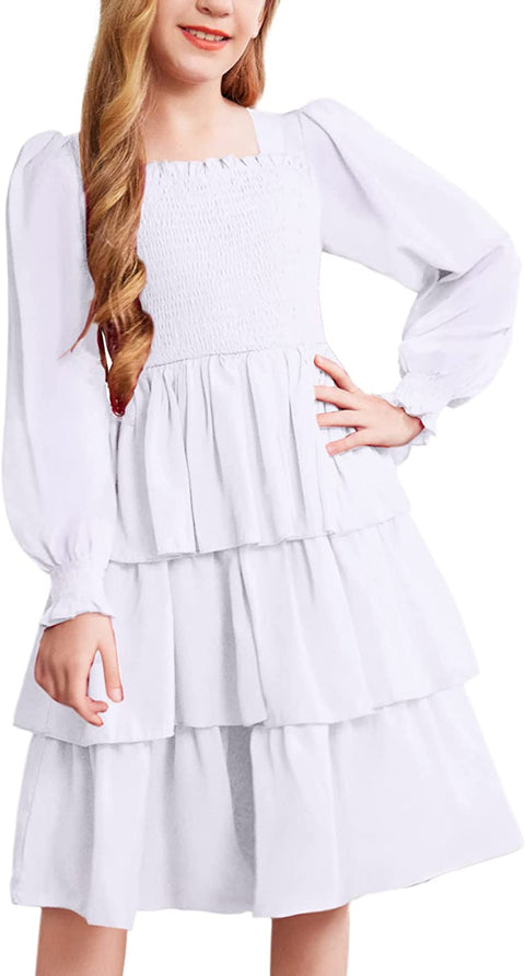 Arshiner Girls Long-Sleeve Tiered Dresses Square Neck Lantern Smocked Ruffle Layered Tie Back Dress