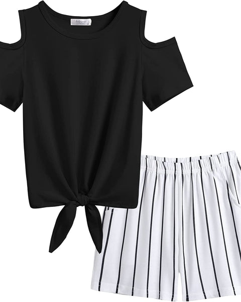 Arshiner Girls 2 Piece Outfits Cold Shoulder Tie Knot T-Shirt and Shorts Set