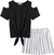 Arshiner Girls 2 Piece Outfits Short Sleeve Cold Shoulder Tie Knot T-Shirt and Shorts Set with Pockets Summer Clothes