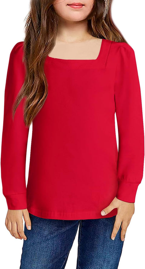 Arshiner Girls Shirt Casual Square Neck Long Sleeve Shirts Fall Winter Tunic Tops for Girls 5-12 Years