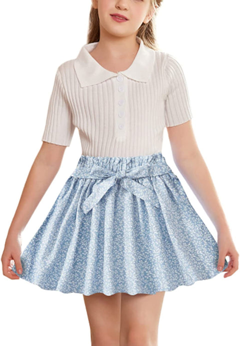 Arshiner Girls Skirt High Waisted Floral Ruffle Swing A Line Short Skirt with Belt
