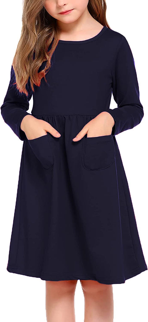 Arshiner Little Girls Dress Long Sleeve Casual Skater Pocket Dress
