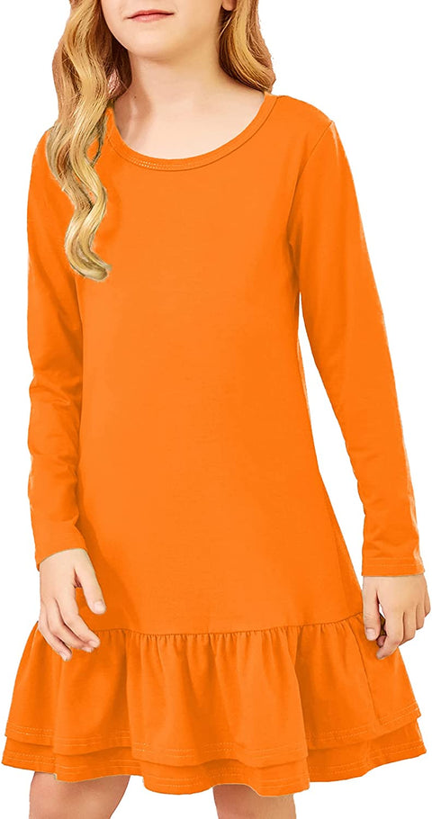 Arshiner Girls Cotton Long Sleeve A-Line Ruffle Hem Dress