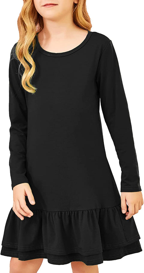 Arshiner Girls Cotton Long Sleeve A-Line Ruffle Hem Dress