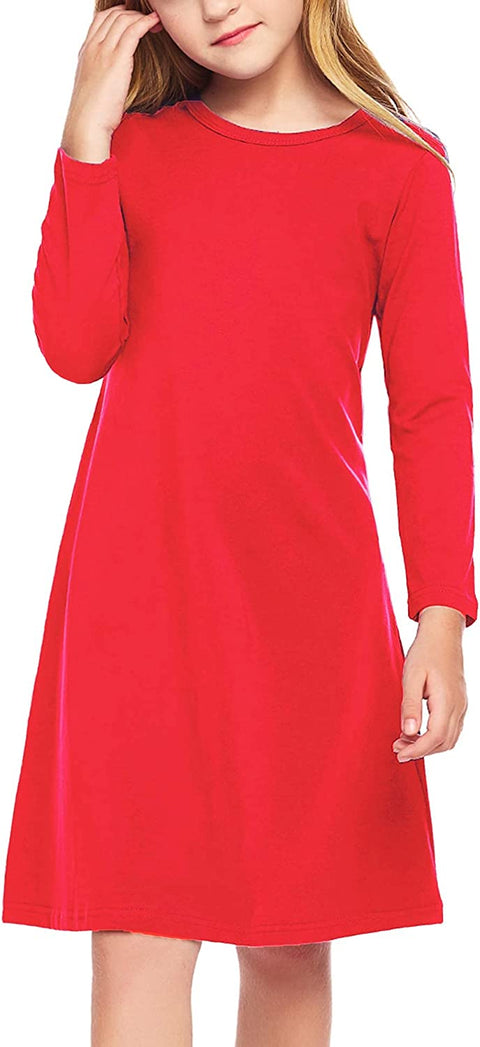 Arshiner Girls Dress Kids Long Sleeve Solid Color Casual T-Shirt Dress