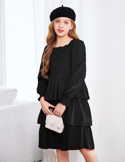 Arshiner Girls Long-Sleeve Tiered Dresses Square Neck Lantern Smocked Ruffle Layered Tie Back Dress