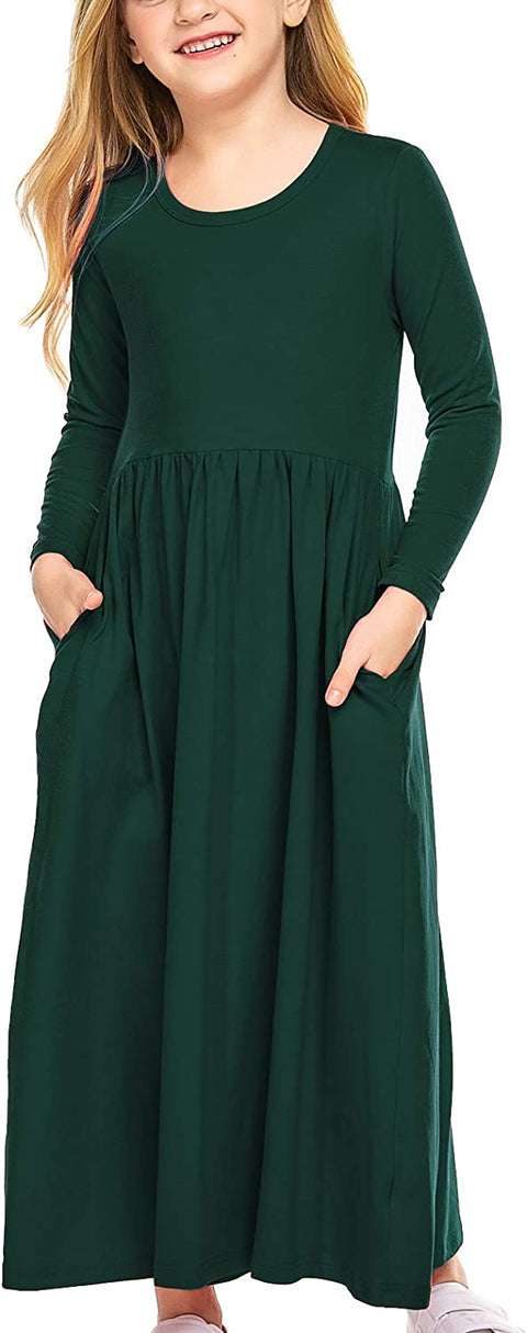 Arshiner Girls Long Sleeve Solid Loose Casual Maxi Dress