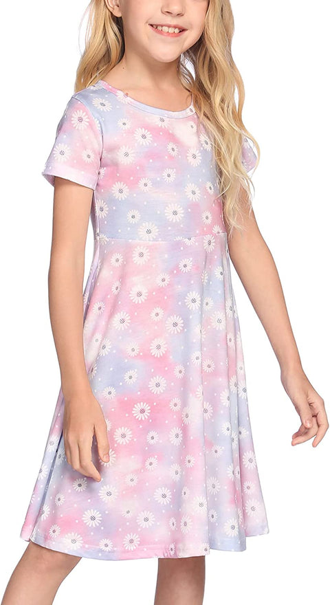 Arshiner Girls Floral Dress Short Sleeve Summer Dresses Skater Twirl Sundress for Girls 4-13 Years