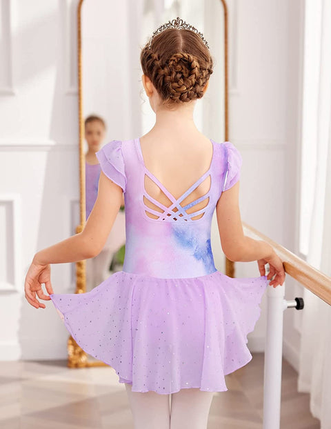 Arshiner Girls Shiny Ruffle Sleeve Ballet Leotard with Skirt