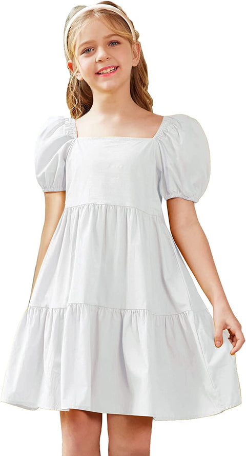 Arshiner Girls Dress Short Puff Sleeve Loose Tiered Ruffle Casual Dresses Square Neck