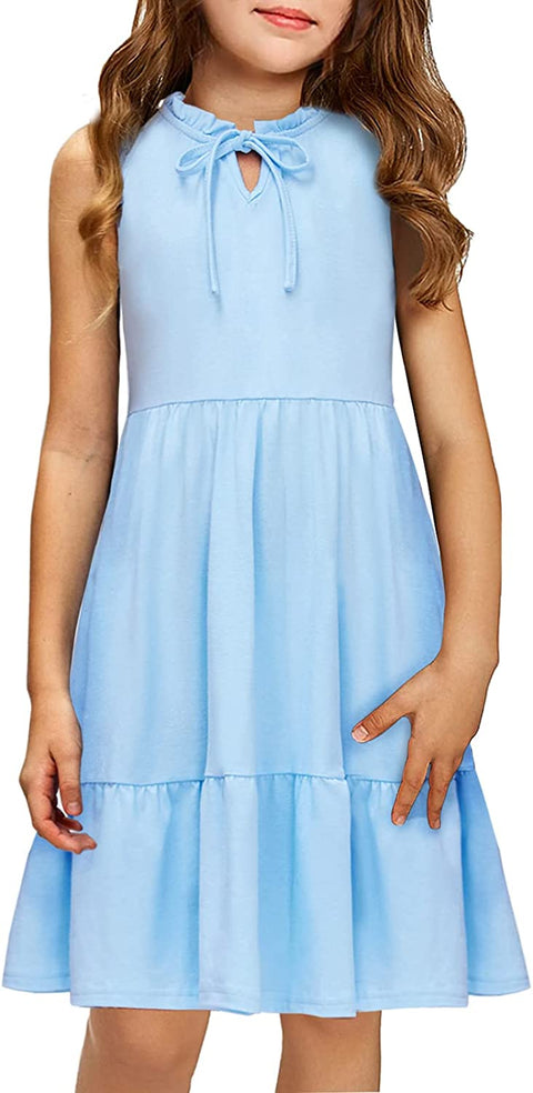 Arshiner Girls Summer Dress Elegant Sleeveless Tie Front V-Neck Ruffle Flowy Casual Sundress with Pockets