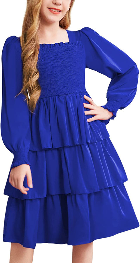 Arshiner Girls Long-Sleeve Tiered Dresses Square Neck Lantern Smocked Ruffle Layered Tie Back Dress