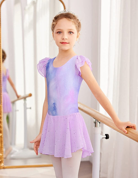 Arshiner Girls Shiny Ruffle Sleeve Ballet Leotard with Skirt