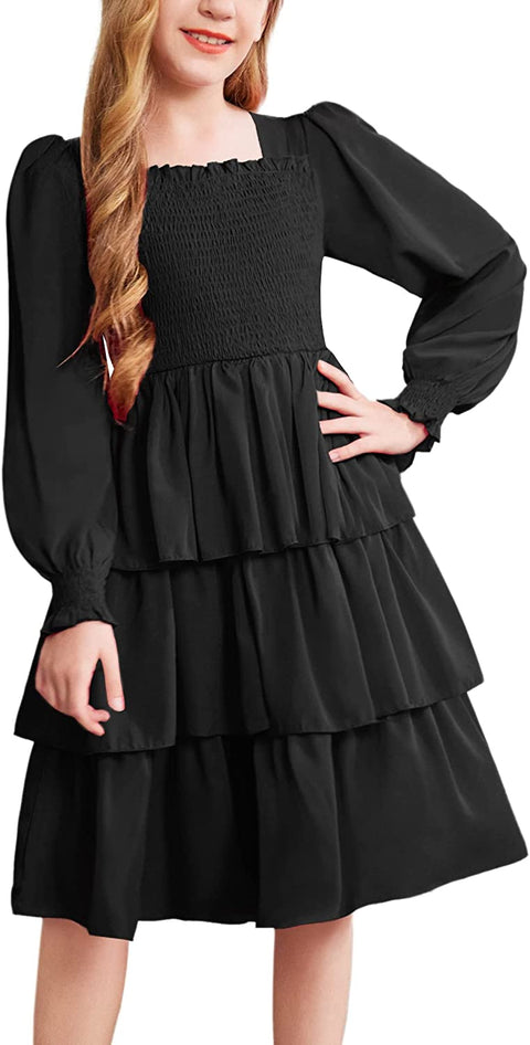 Arshiner Girls Long-Sleeve Tiered Dresses Square Neck Lantern Smocked Ruffle Layered Tie Back Dress