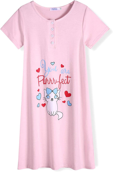 Arshiner Girls Nightgowns Short Sleeve Cute Cartoon Print Pajama Sleep Dress For Kids Button Down Nighties