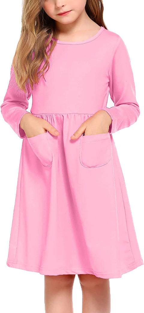 Arshiner Little Girls Dress Long Sleeve Casual Skater Pocket Dress