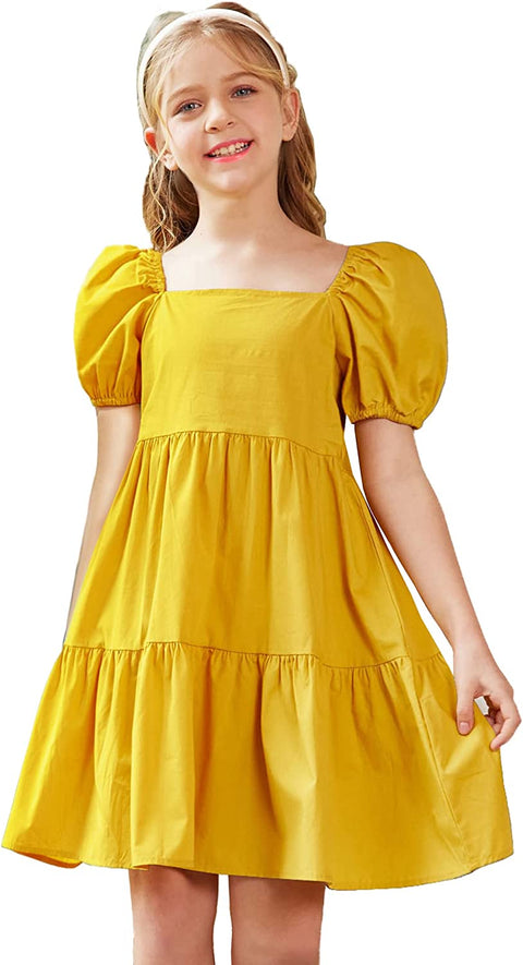 Arshiner Girls Dress Short Puff Sleeve Loose Tiered Ruffle Casual Dresses Square Neck