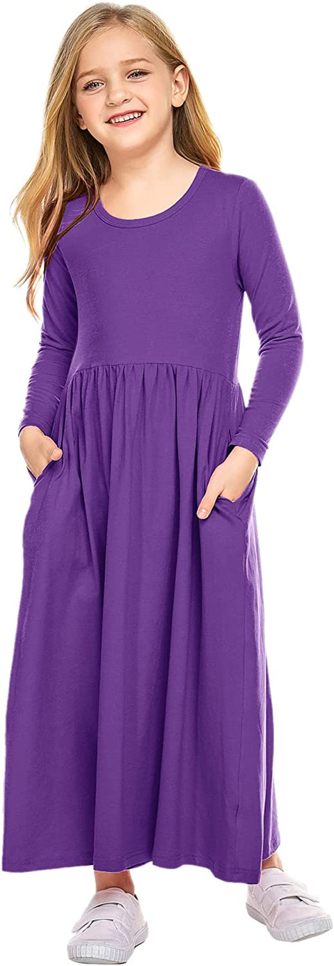 Arshiner Girls Long Sleeve Solid Loose Casual Maxi Dress