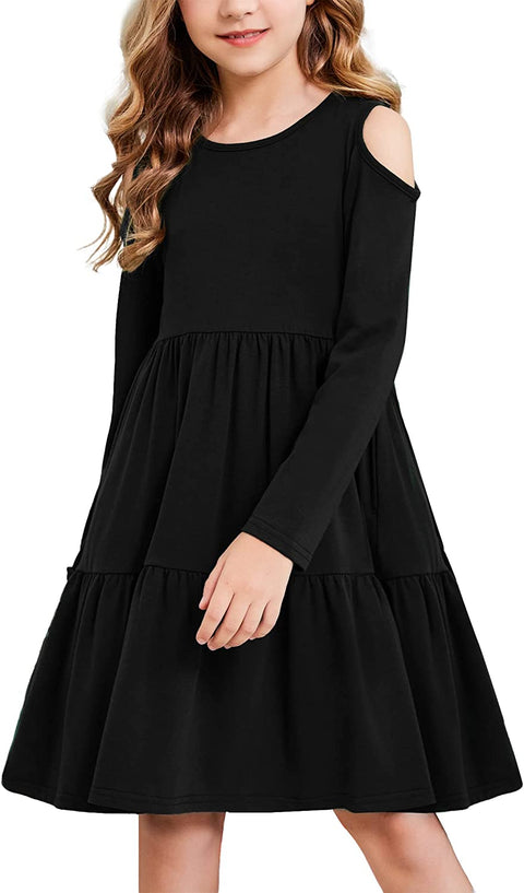 Arshiner Girls Long Sleeve Cold Shoulder Tiered Ruffle Pleated Pockets Dress for 4-14 Years