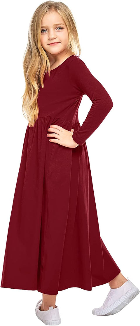 Arshiner Girls Long Sleeve Solid Loose Casual Maxi Dress