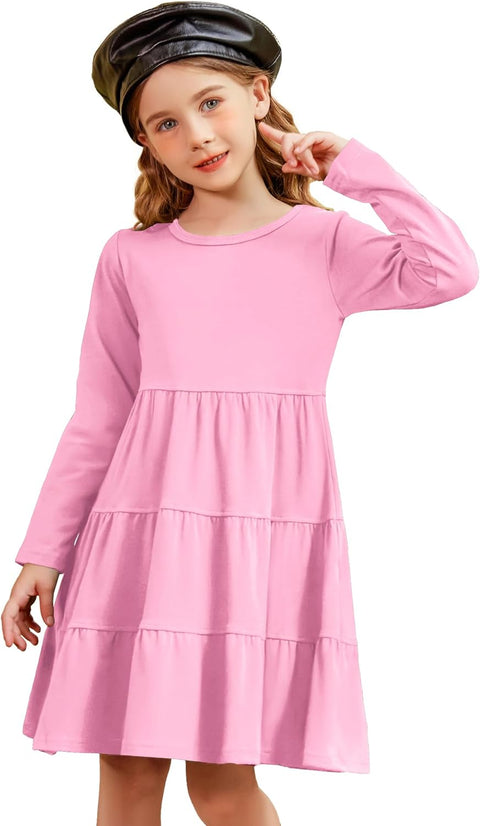 Arshiner Cute Girl Long Sleeve Dress Tiered Ruffle Swing Tunic Shirt Dress