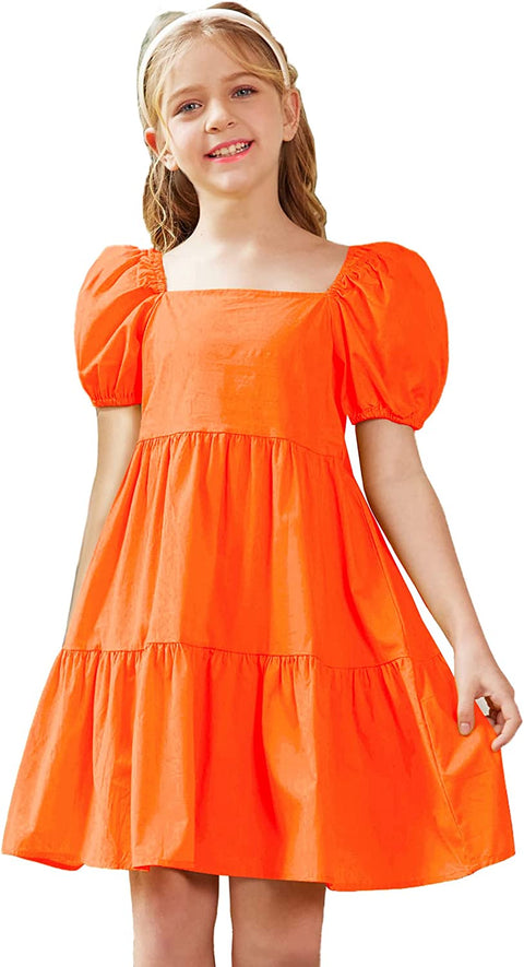 Arshiner Girls Dress Short Puff Sleeve Loose Tiered Ruffle Casual Dresses Square Neck