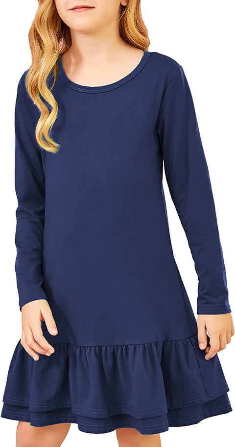 Arshiner Girls Cotton Long Sleeve A-Line Ruffle Hem Dress