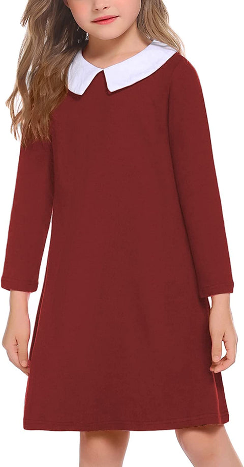 Arshiner Girls Long Sleeve Vintage Peter Pan Collar T-Shirt Dress Age 4-13 Years