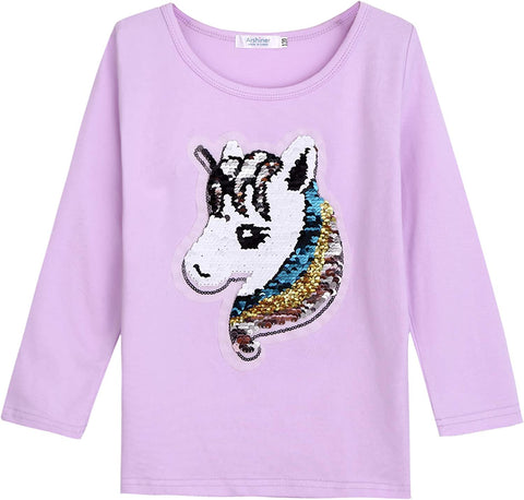 Arshiner Girls Unicorn Shirts Short Sleeve Flip Sequin T-Shirt Tops