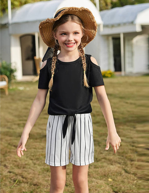 Arshiner Girls 2 Piece Outfits Cold Shoulder Tie Knot T-Shirt and Shorts Set