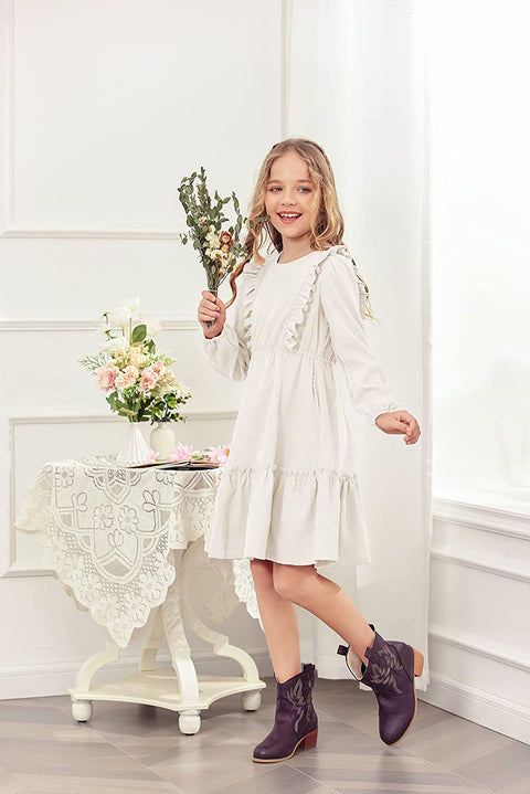 Arshiner Girls Dresses A-line Ruffled Button Corduroy Swing Dress