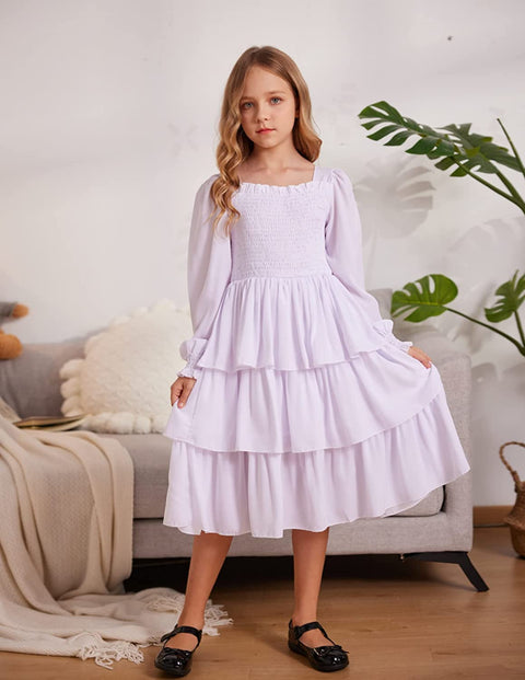 Arshiner Girls Long-Sleeve Tiered Dresses Square Neck Lantern Smocked Ruffle Layered Tie Back Dress