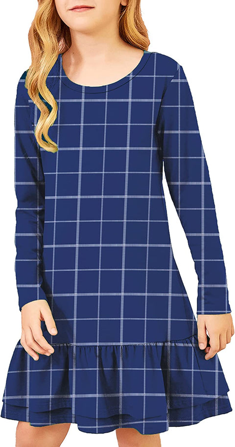 Arshiner Girls Cotton Long Sleeve A-Line Ruffle Hem Dress