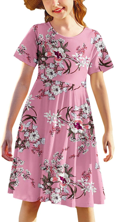 Arshiner Girls Floral Dress Short Sleeve Summer Dresses Skater Twirl Sundress for Girls 4-13 Years