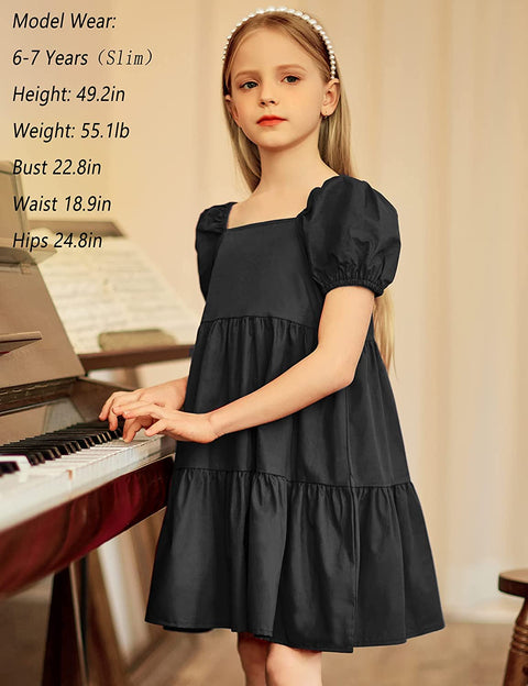 Arshiner Girls Dress Short Puff Sleeve Loose Tiered Ruffle Casual Dresses Square Neck