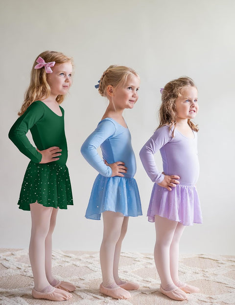 Arshiner Girls Long Sleeve Ballet Leotards with Shinny Skirts Criss-Cross Back Dance Dresses