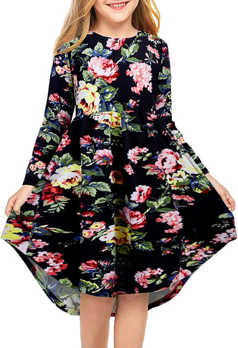 Arshiner Girls Long Sleeve Floral Dress Boho Twirly Skater Swing Dresses