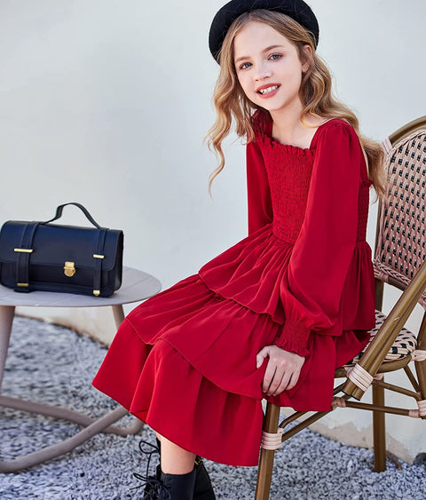 Arshiner Girls Long-Sleeve Tiered Dresses Square Neck Lantern Smocked Ruffle Layered Tie Back Dress