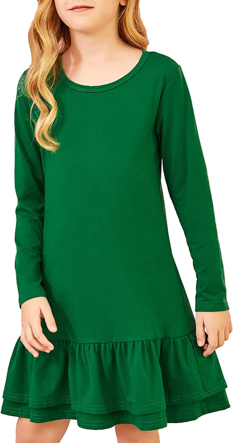 Arshiner Girls Cotton Long Sleeve A-Line Ruffle Hem Dress