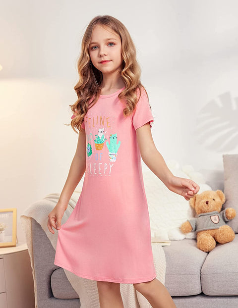 Arshiner Girls Nightgowns Short Sleeve Cute Cartoon Print Pajama Sleep Dress For Kids Button Down Nighties